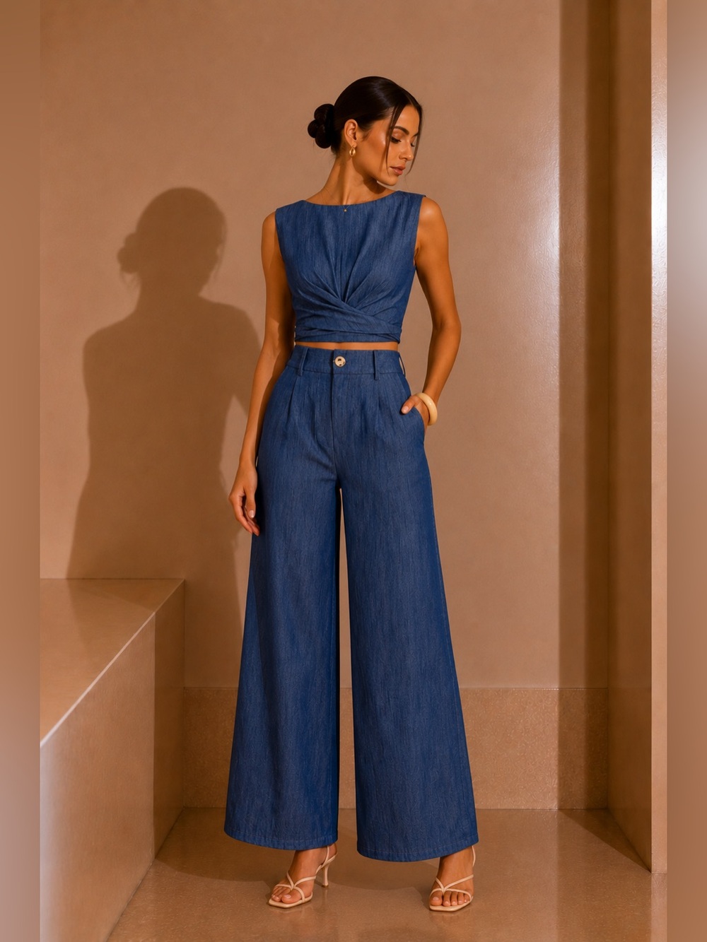 Commense Denim-Blue Tie-Front Wide Leg Set